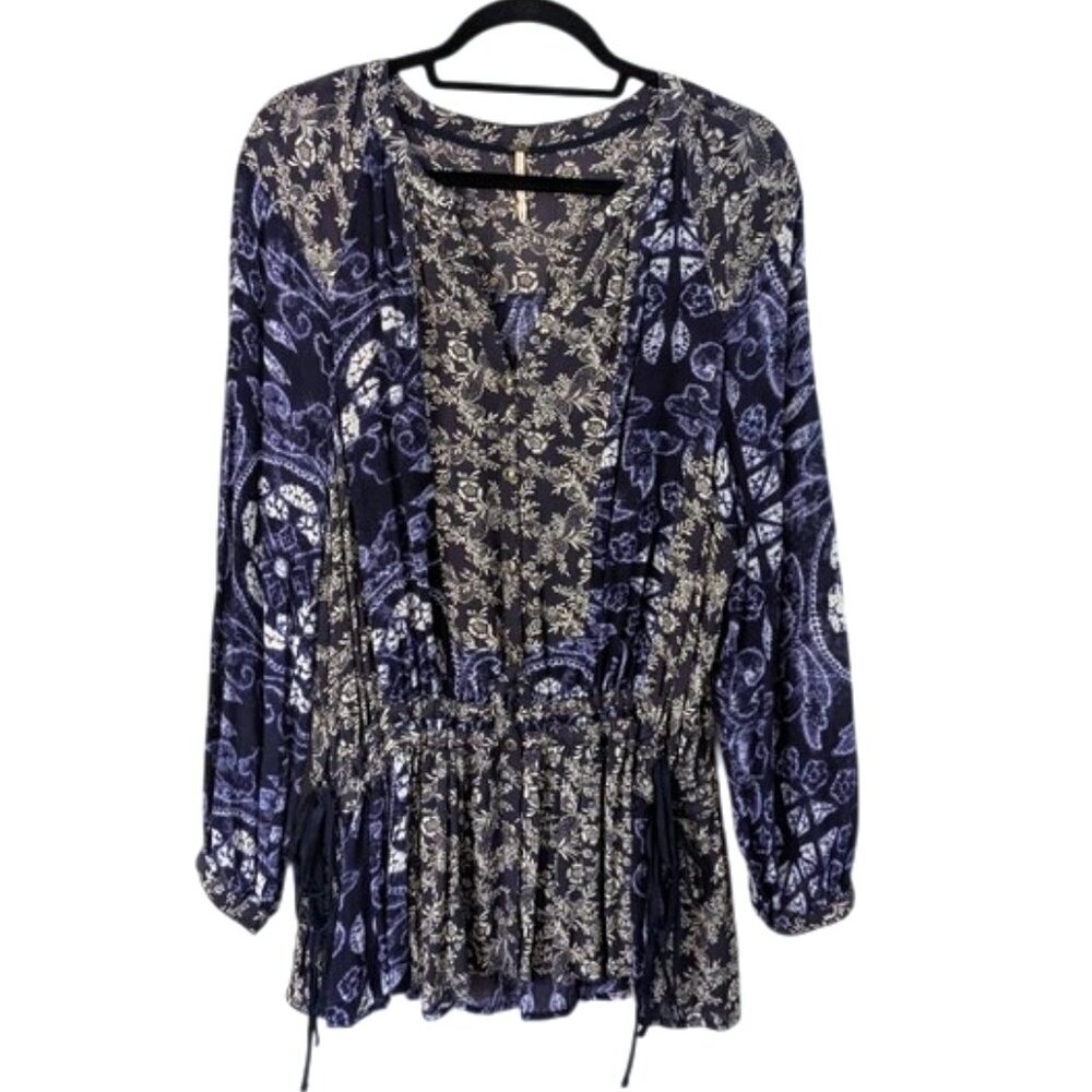 New Free People Batik Tunic Boho Floral Long Sleeve Blouse‎ Oversized Size S